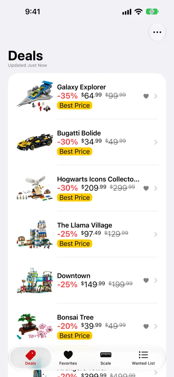 The Deals list: discounted LEGO sets, each row carrying its brickset.com thumbnail, current price, and how far it is off retail. On iPad, Mac and Vision Pro, set 10497-1's detail sits beside it