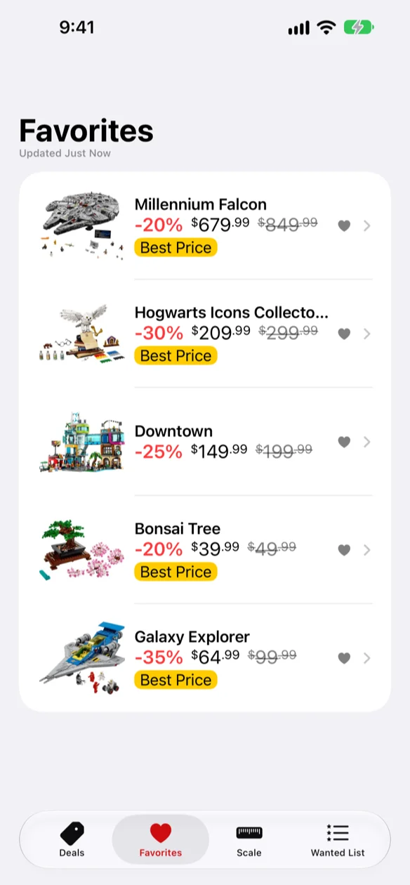 The Favorites tab, the sets being watched for a price drop. On iPad, Mac and Vision Pro, the Millennium Falcon's detail sits beside it