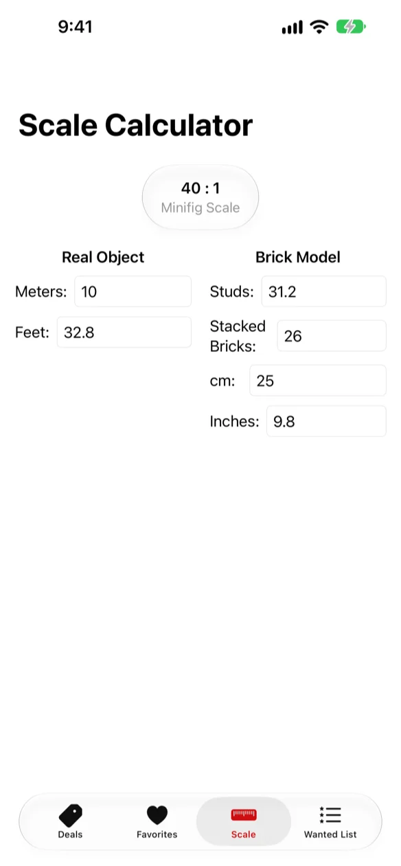 The Scale tab (not on Apple Watch): a minifig-scale calculator converting a real object's size into studs, bricks, and metres