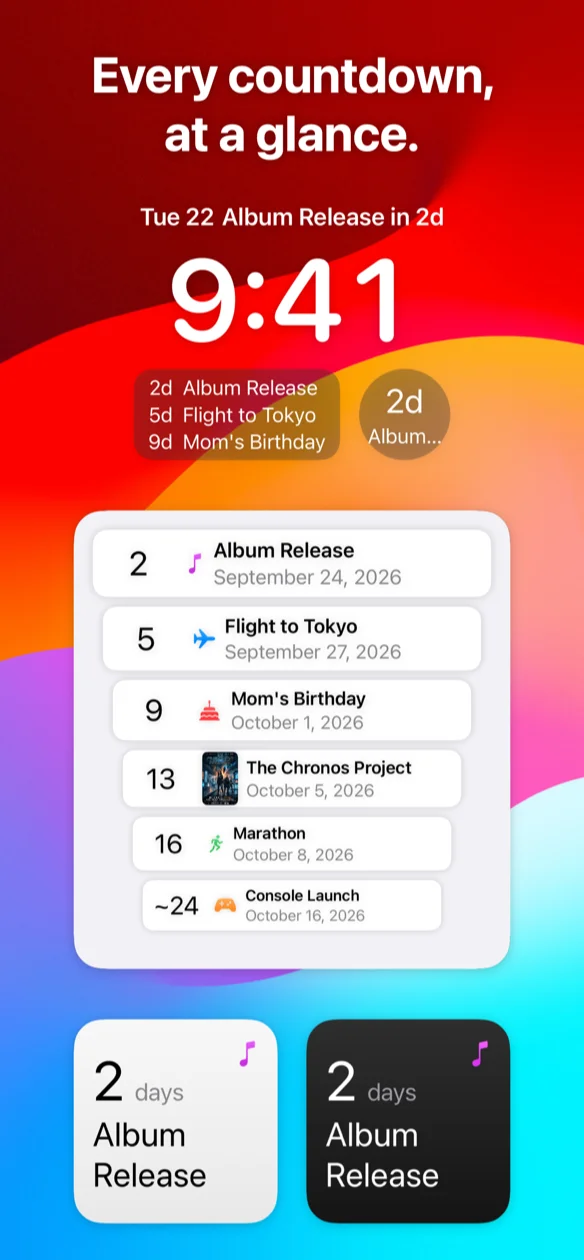 The widgets on a wallpaper — a Lock Screen with its accessories, and the small and list widgets in light and dark (on the Mac the menu bar extra, open) — under the title “Every countdown, at a glance.”