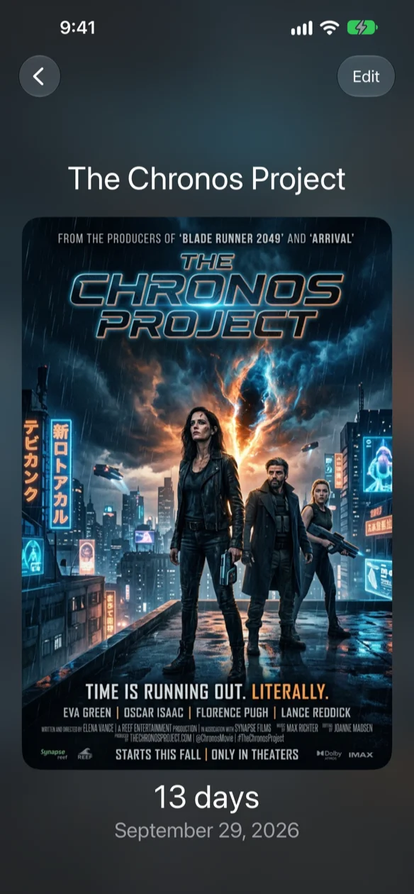 A movie release countdown, poster and all, on its detail screen