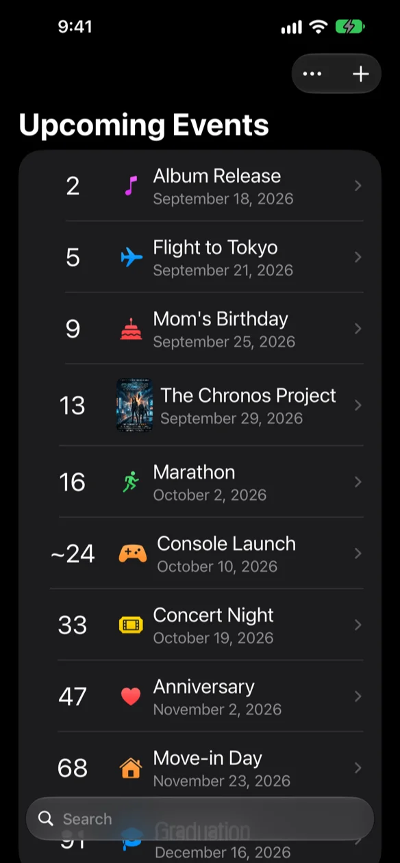 The Upcoming list, each countdown showing the days remaining