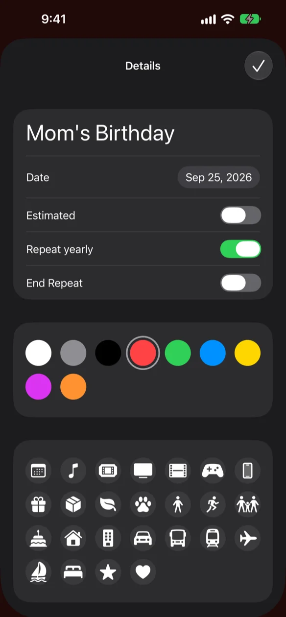 A countdown being edited, with its date, colour, symbol and yearly repeat