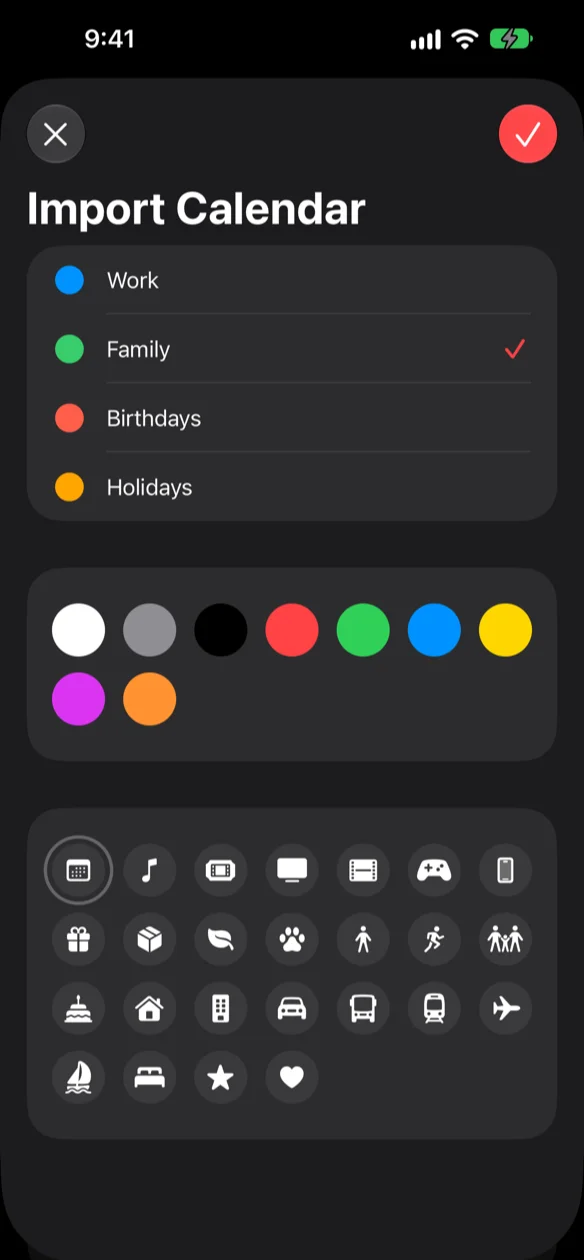 Importing a system calendar, with a calendar picked and a colour and symbol to file its events under