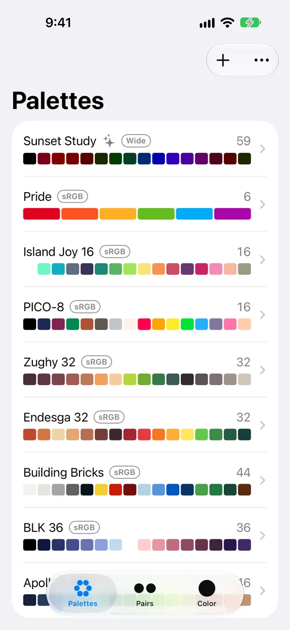 The Palettes library, the seeded palettes each showing their colors