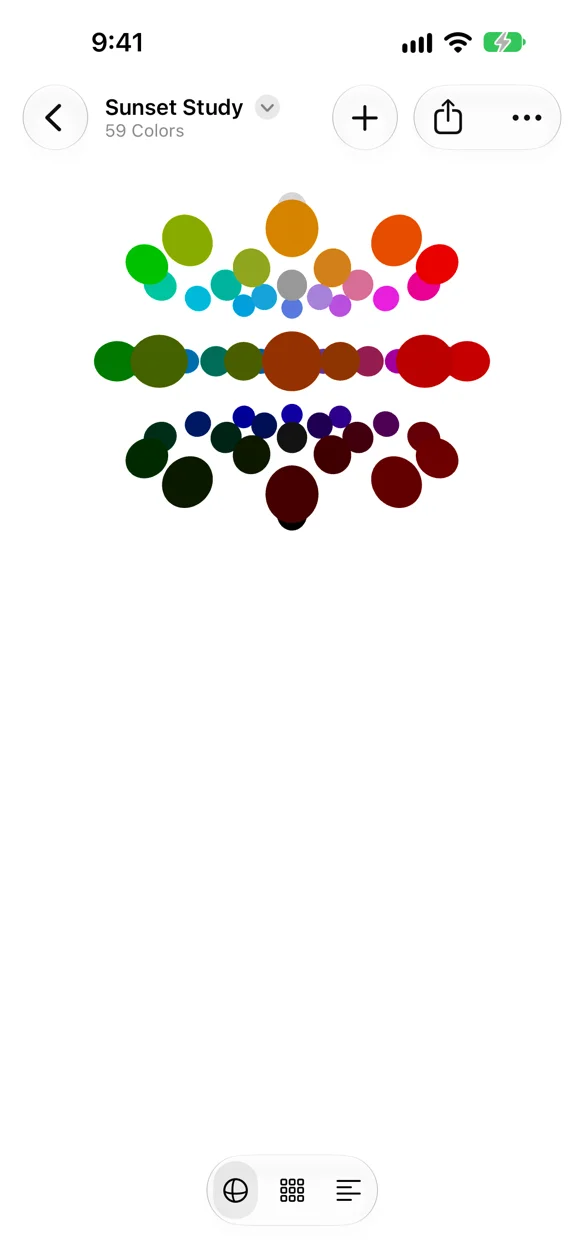 The Sunset Study palette open in the editor, its colors placed on the 3D color solid