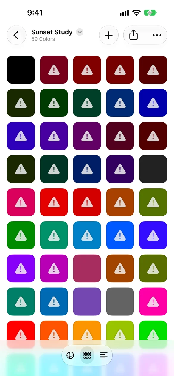 The same palette in the editor's Grid display mode, colors laid out as swatches