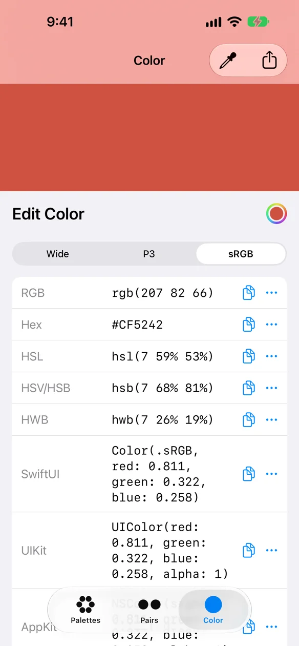 The Color tab, one scratch color broken down into its components and conversions